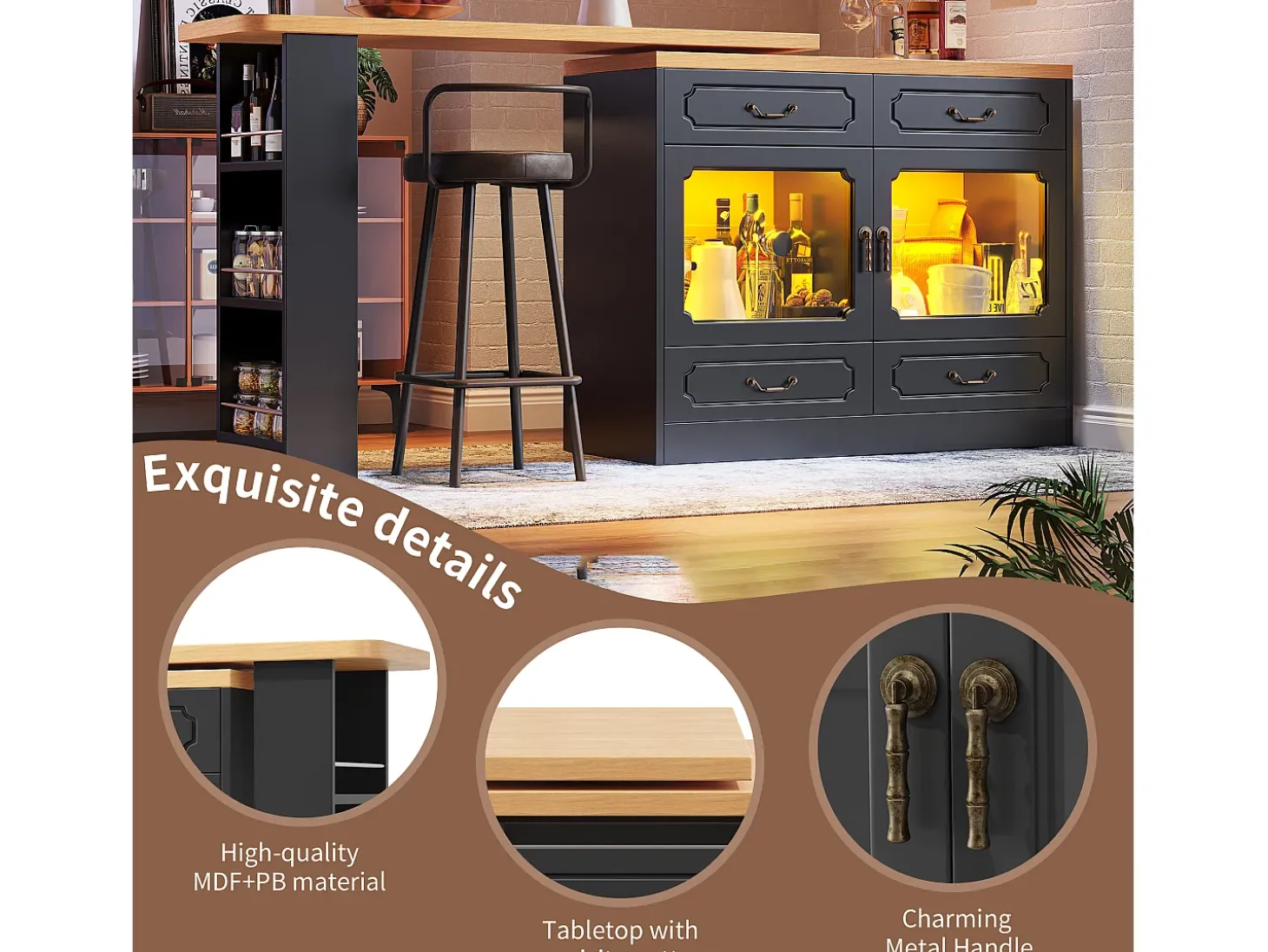 Mueble de bar moderno giratorio 360° - con LED - 203x39x93 cm - 4 cajones y 2 puertas - con estantes laterales - negro