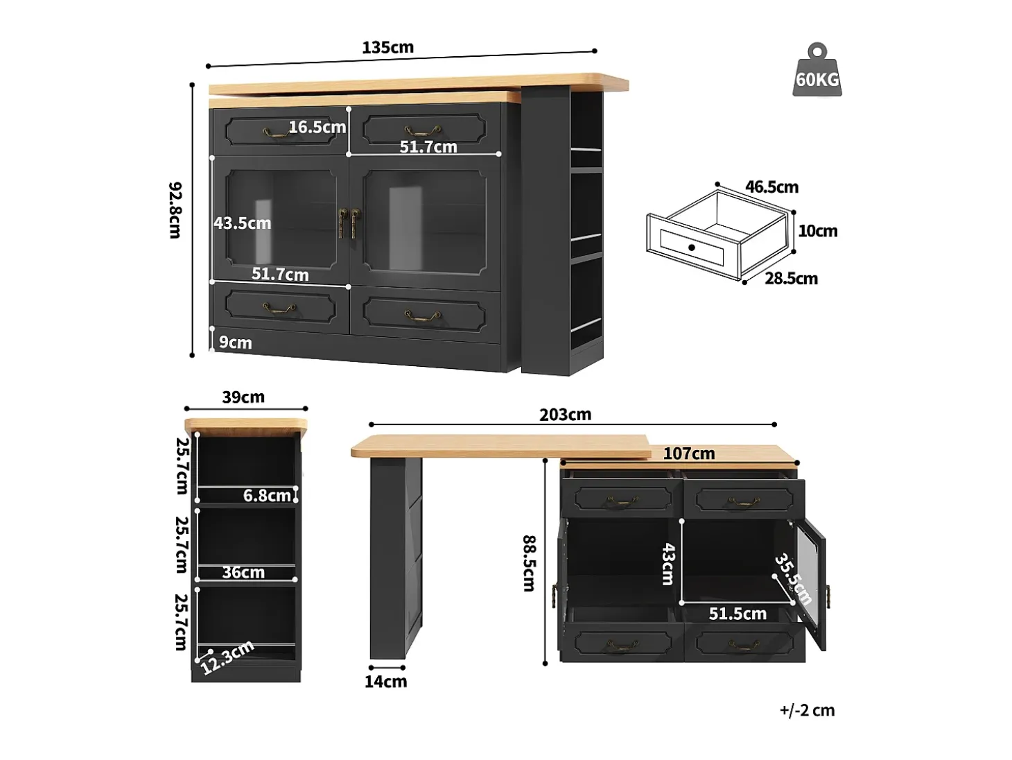 Mueble de bar moderno giratorio 360° - con LED - 203x39x93 cm - 4 cajones y 2 puertas - con estantes laterales - negro