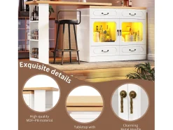 Mueble de bar moderno giratorio 360° - con LED - 203x39x93 cm - 4 cajones y 2 puertas - con estantes laterales - blanco