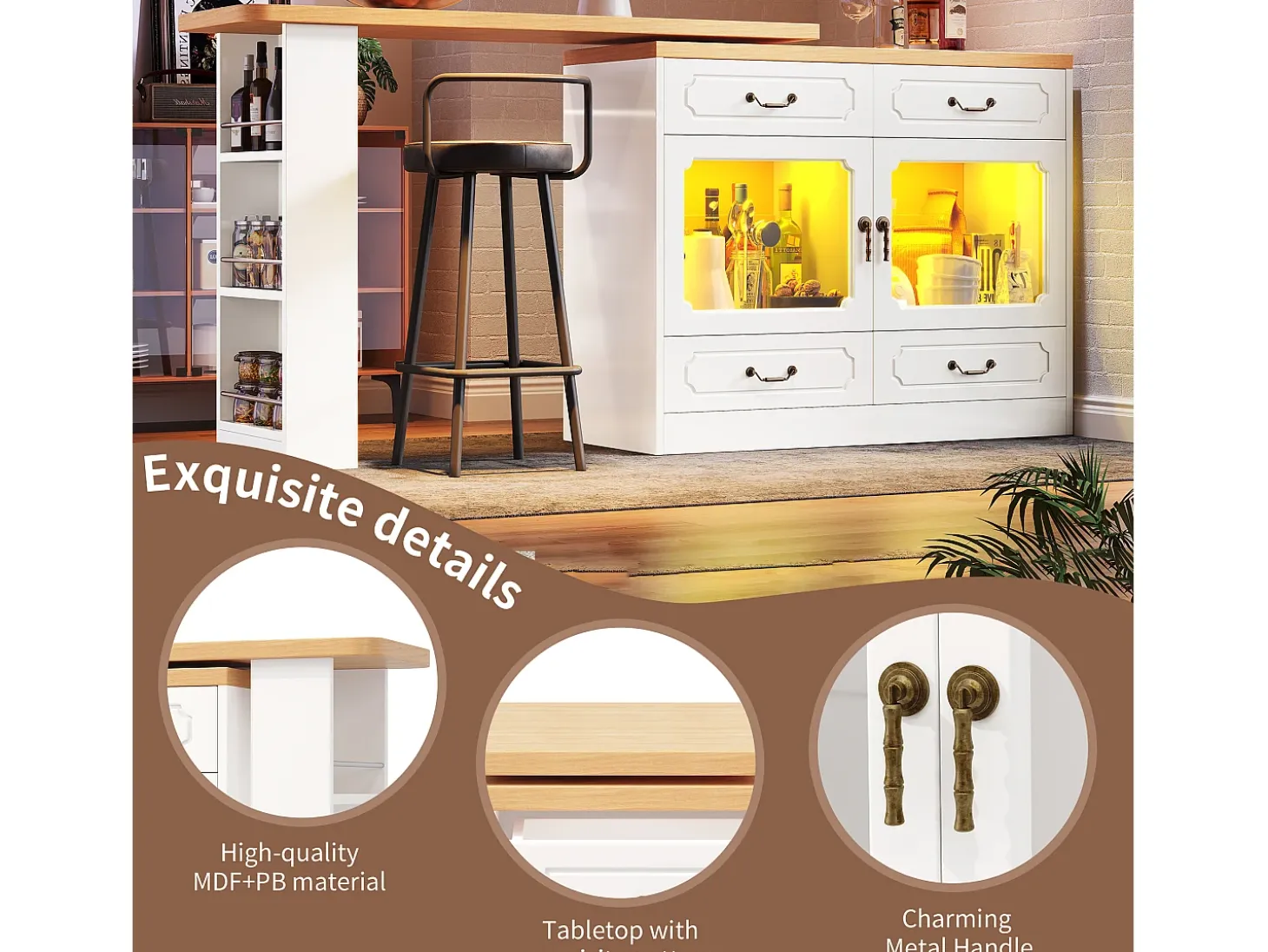 Mueble de bar moderno giratorio 360° - con LED - 203x39x93 cm - 4 cajones y 2 puertas - con estantes laterales - blanco