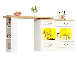 Mueble de bar moderno giratorio 360° - con LED - 203x39x93 cm - 4 cajones y 2 puertas - con estantes laterales - blanco