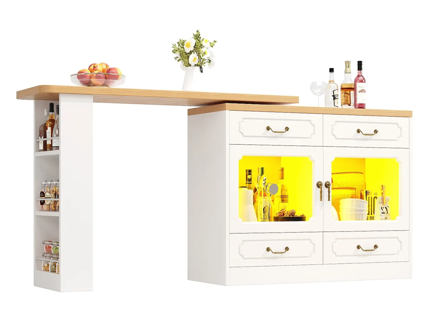 Mueble de bar moderno giratorio 360° - con LED - 203x39x93 cm - 4 cajones y 2 puertas - con estantes laterales - blanco