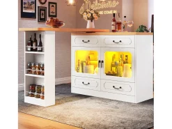 Mueble de bar moderno giratorio 360° - con LED - 203x39x93 cm - 4 cajones y 2 puertas - con estantes laterales - blanco