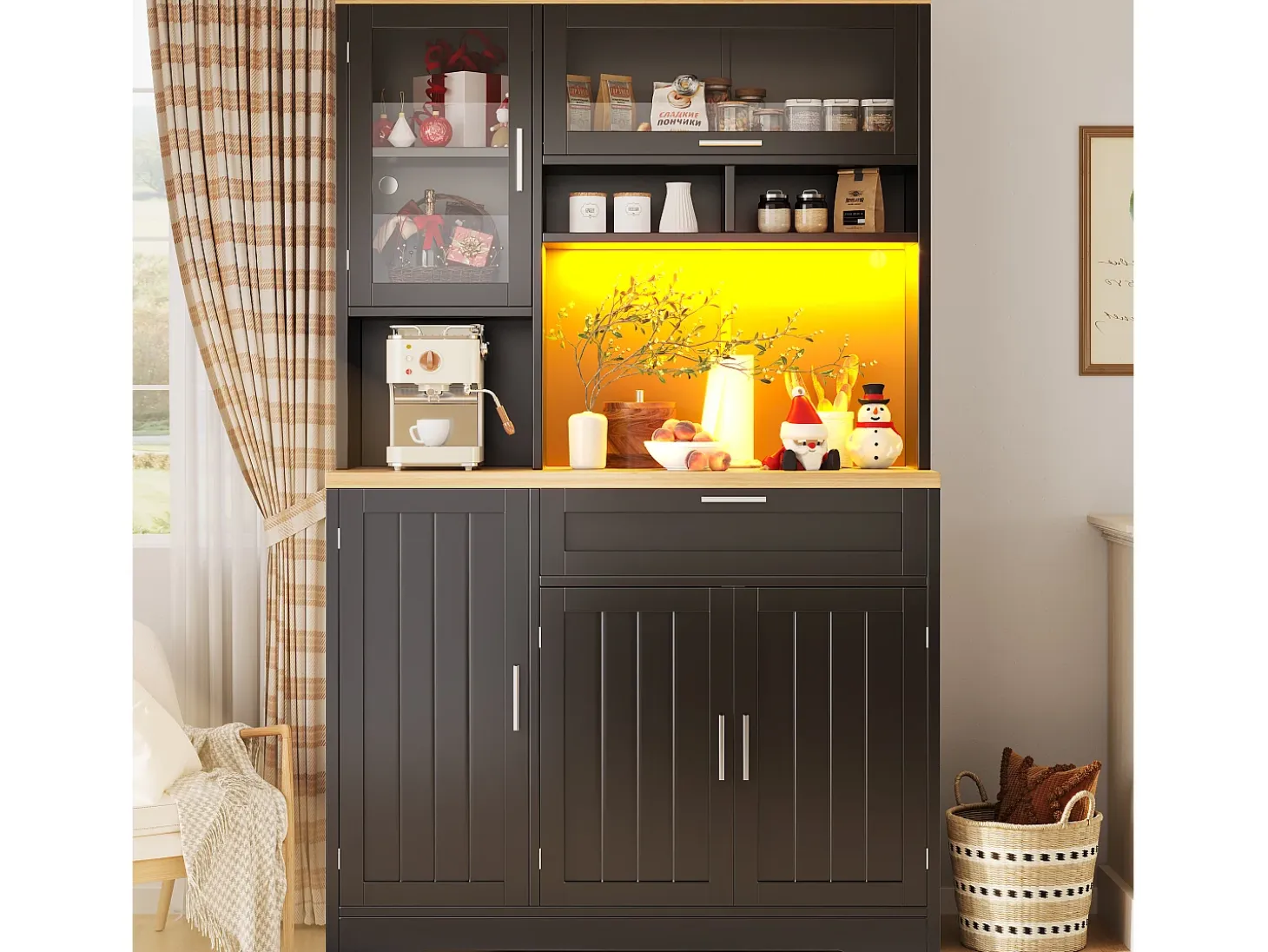 Mueble de cocina - 104x40x180 cm - con 4 puertas y 1 cajón - con iluminación LED - Negro