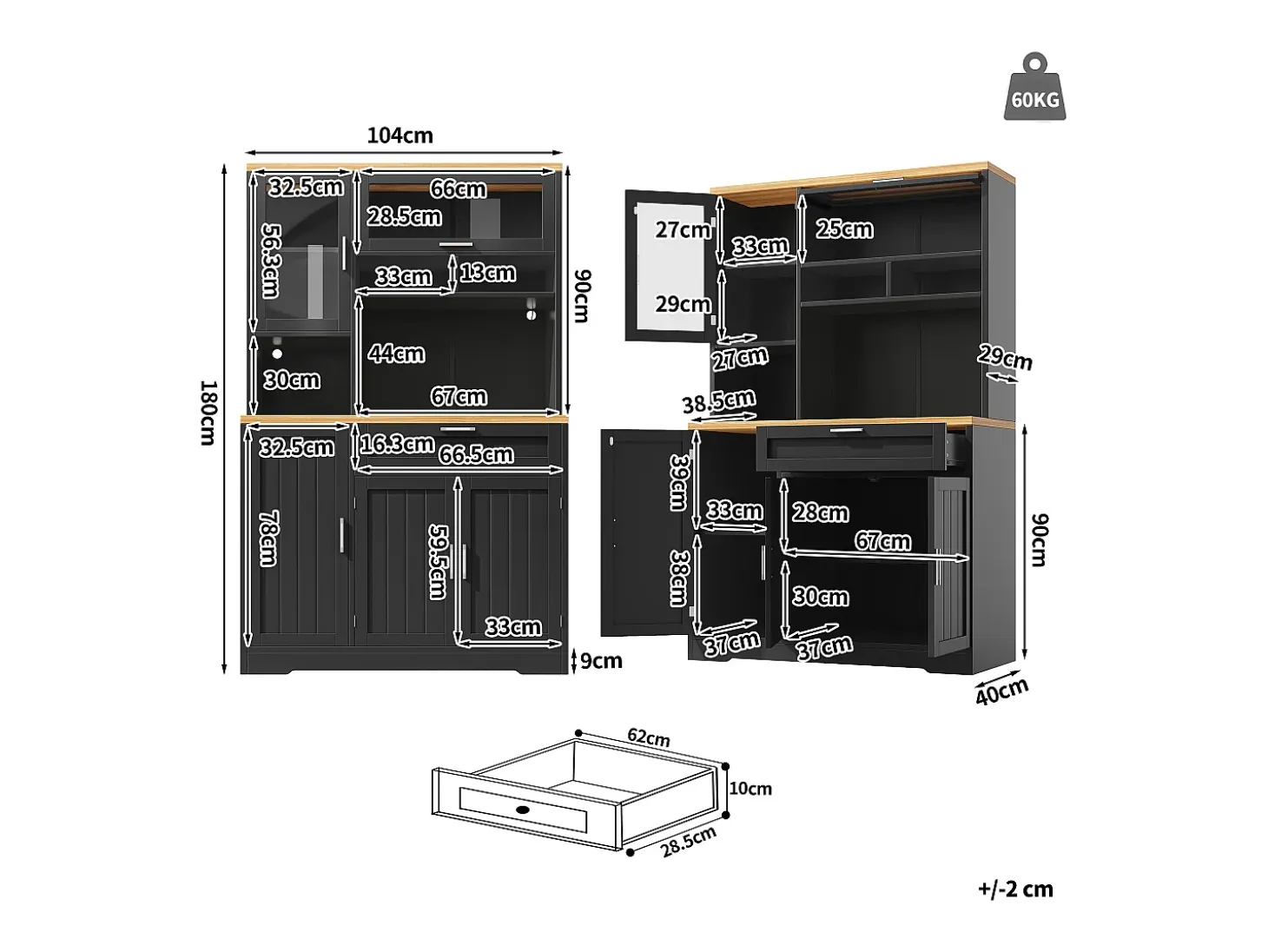 Mueble de cocina - 104x40x180 cm - con 4 puertas y 1 cajón - con iluminación LED - Negro