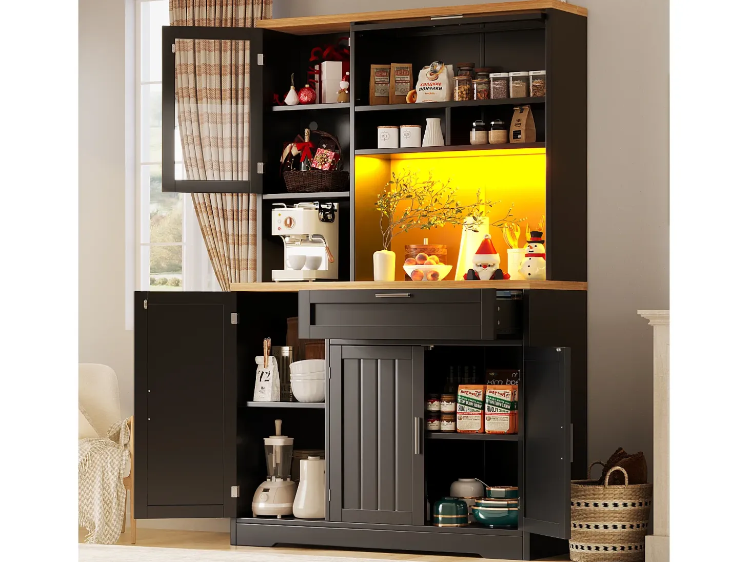 Mueble de cocina - 104x40x180 cm - con 4 puertas y 1 cajón - con iluminación LED - Negro