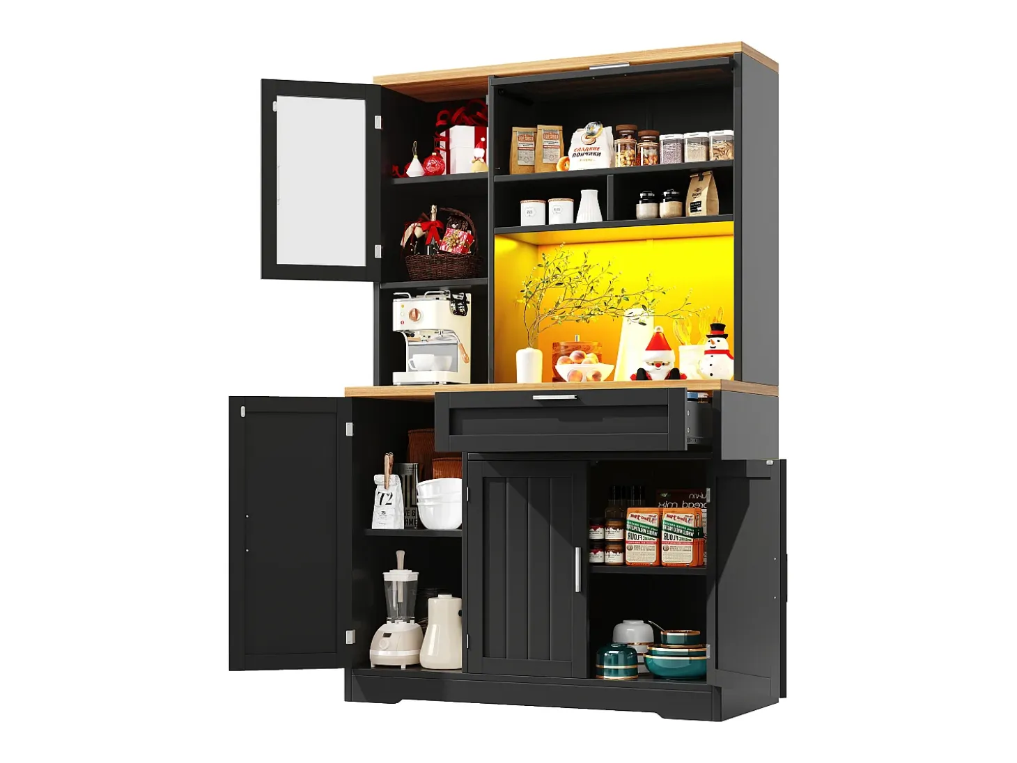 Mueble de cocina - 104x40x180 cm - con 4 puertas y 1 cajón - con iluminación LED - Negro