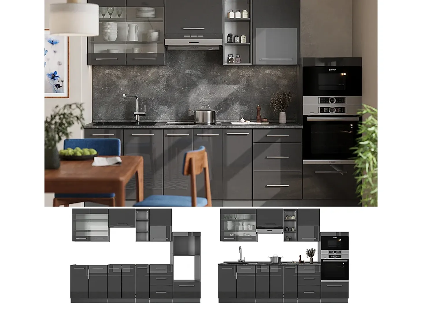 Mueble de cocina antracita alto brillo 280x60x81.6 fame-line