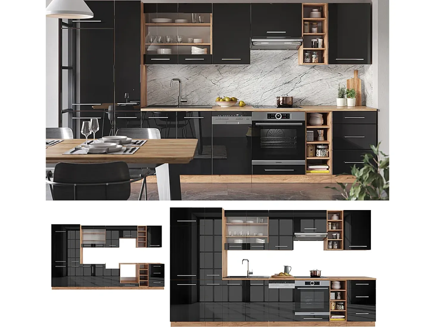 Mueble de cocina antracita brillo intenso/roble dorado eléctrico 355x46x81.6 fame-line