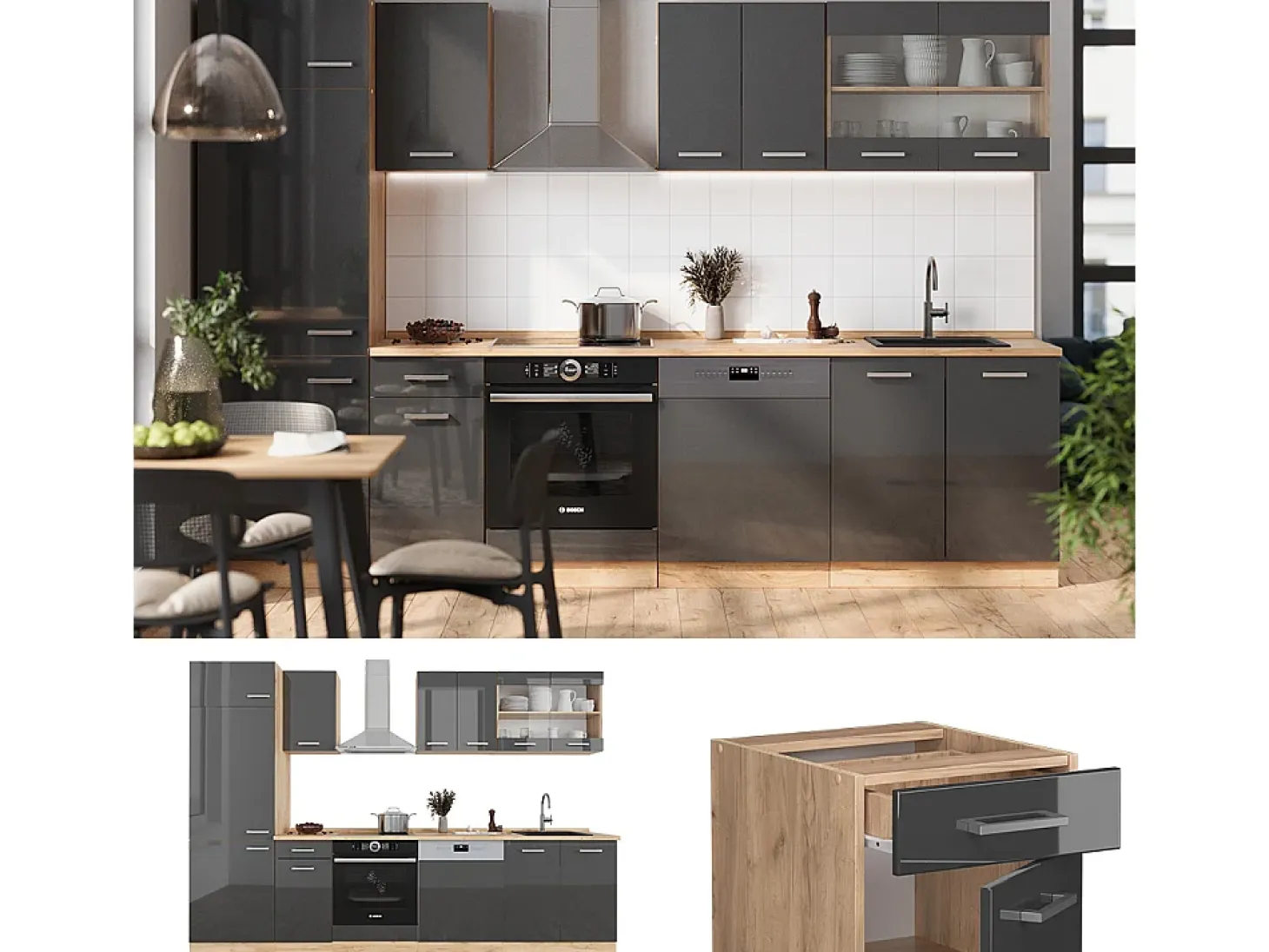 Mueble de cocina antracita brillo intenso/roble dorado eléctrico 300x46x81.6 r-line