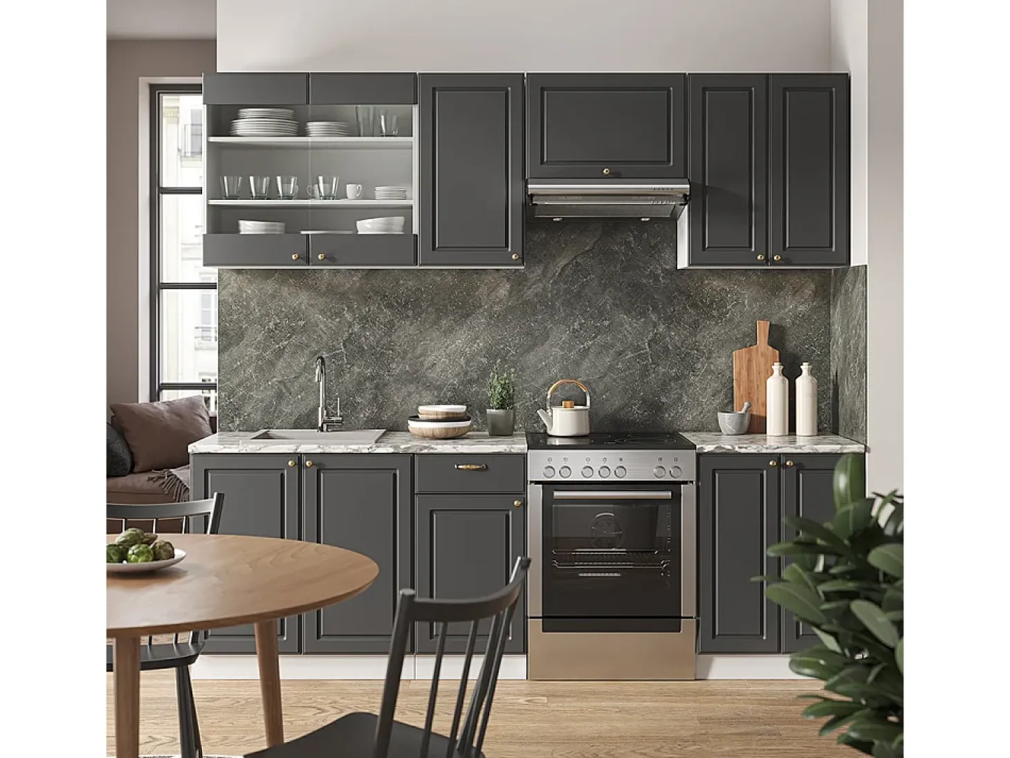 Mueble de cocina antracita-oro/blanco 240x46x81.6 fame-line