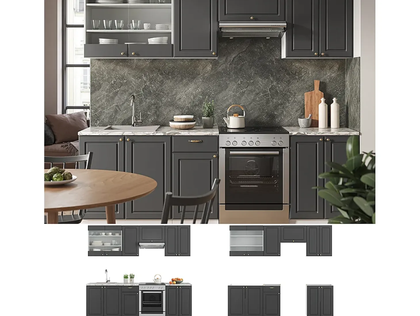 Mueble de cocina antracita-oro/blanco 240x46x81.6 fame-line