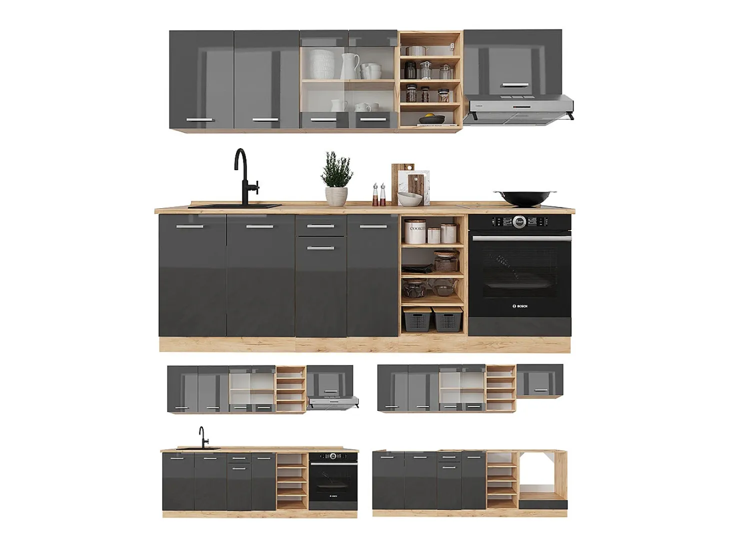Mueble de cocina antracita brillo intenso/roble dorado eléctrico 240x60x81.6 r-line