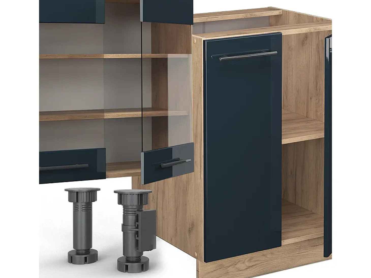 Mueble de cocina azul oscuro alto brillo/roble dorado 300x60x81.6 fame-line