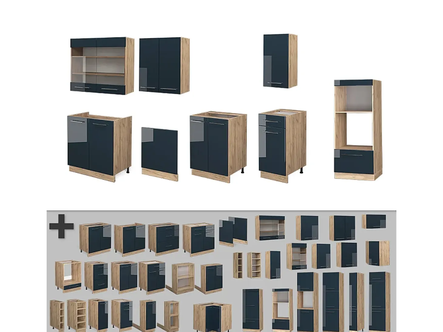 Mueble de cocina azul oscuro alto brillo/roble dorado 300x60x81.6 fame-line