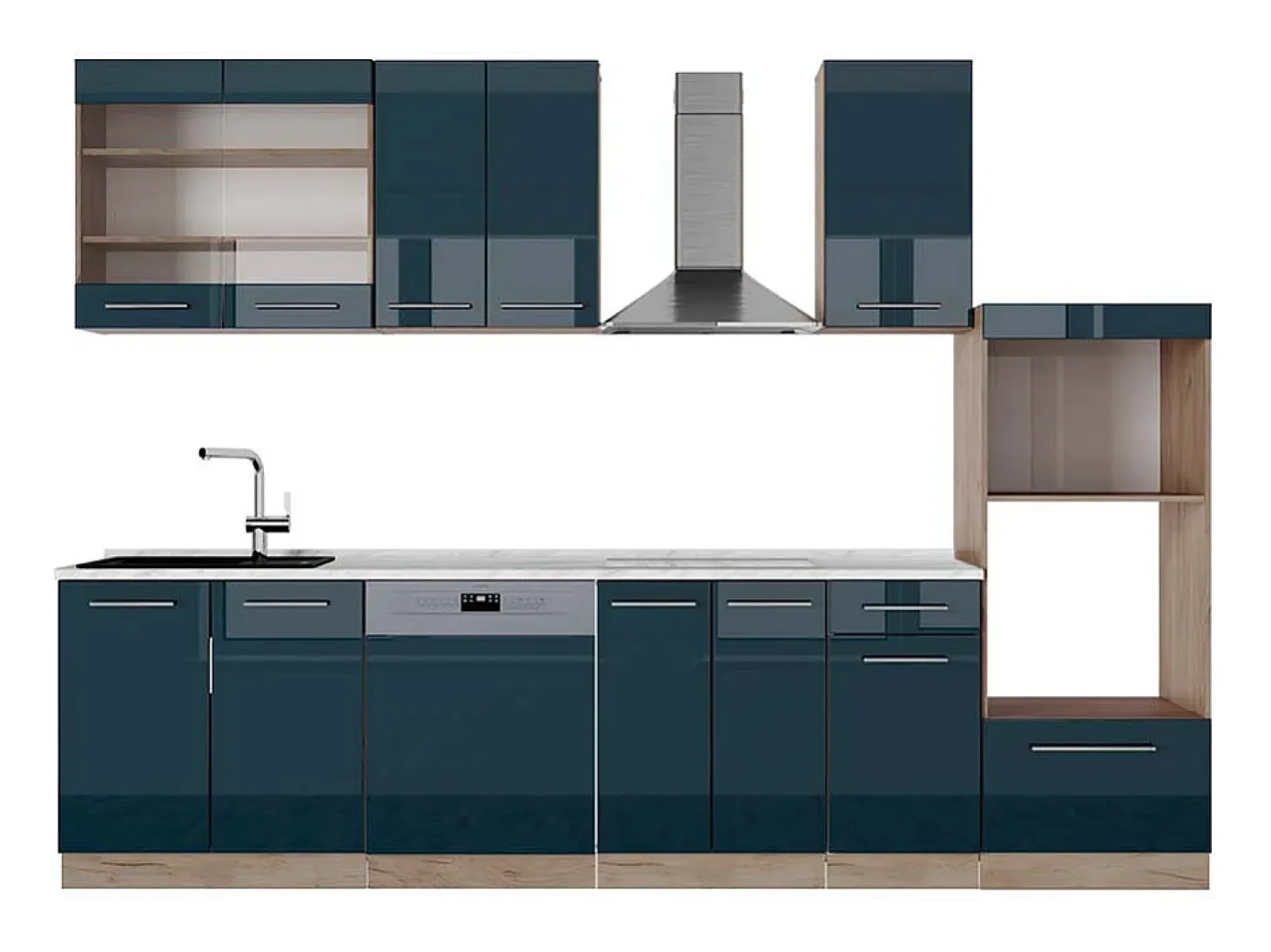 Mueble de cocina azul oscuro alto brillo/roble dorado 300x60x81.6 fame-line