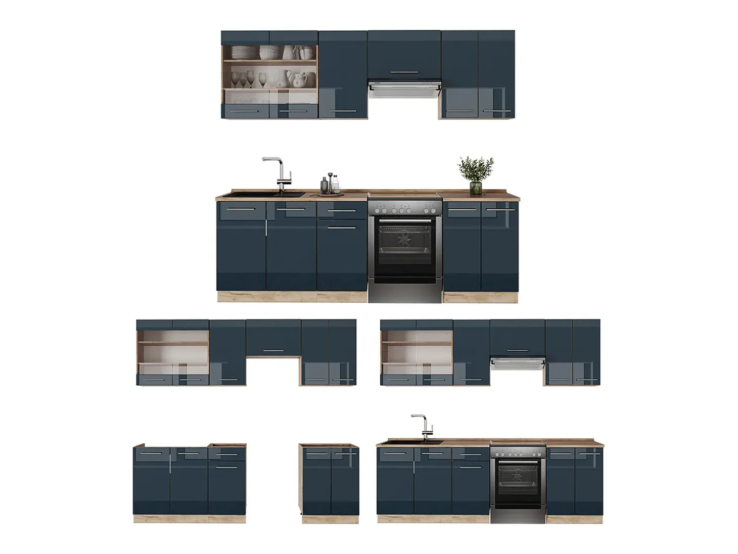 Mueble de cocina azul oscuro alto brillo/roble dorado 240x60x81.6 fame-line
