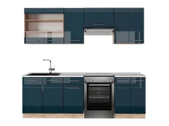 Mueble de cocina azul oscuro alto brillo/roble dorado 240x60x81.6 fame-line