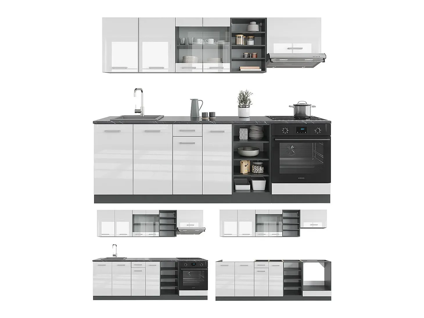 Mueble de cocina blanco brillo/antracita 240x46x81.6 r-line