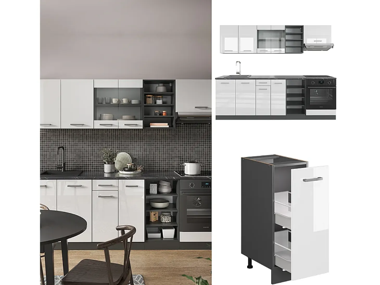 Mueble de cocina blanco brillo/antracita 240x46x81.6 r-line