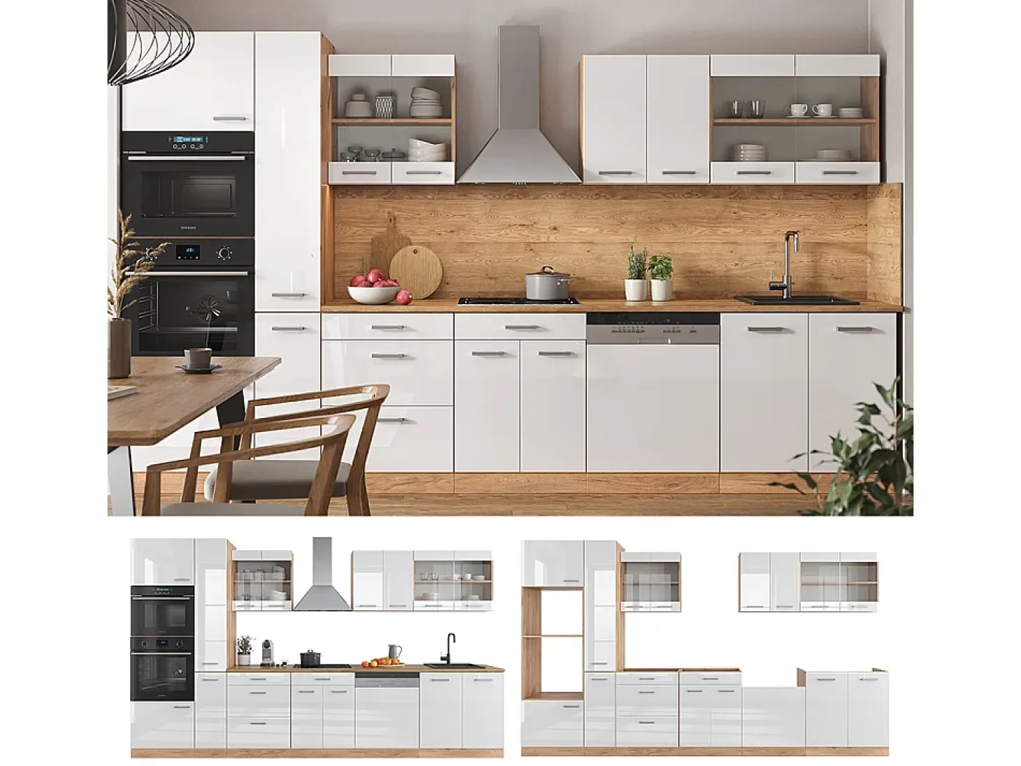 Mueble de cocina blanco brillo intenso/roble dorado 350x60x81.6 r-line