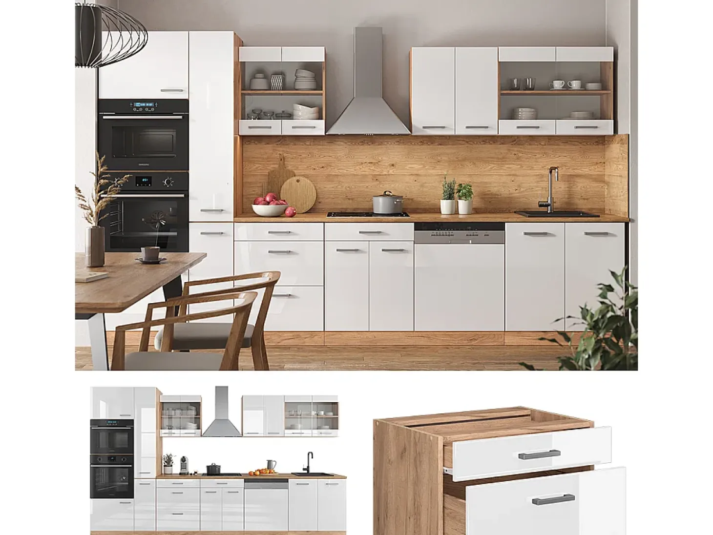 Mueble de cocina blanco brillo intenso/roble dorado 350x60x81.6 r-line