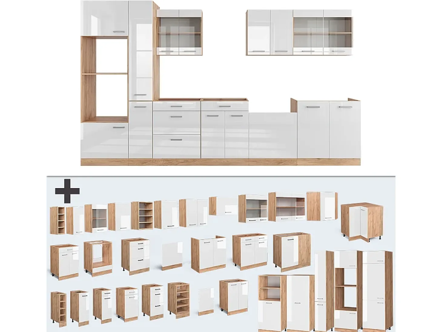Mueble de cocina blanco brillo intenso/roble dorado 350x60x81.6 r-line