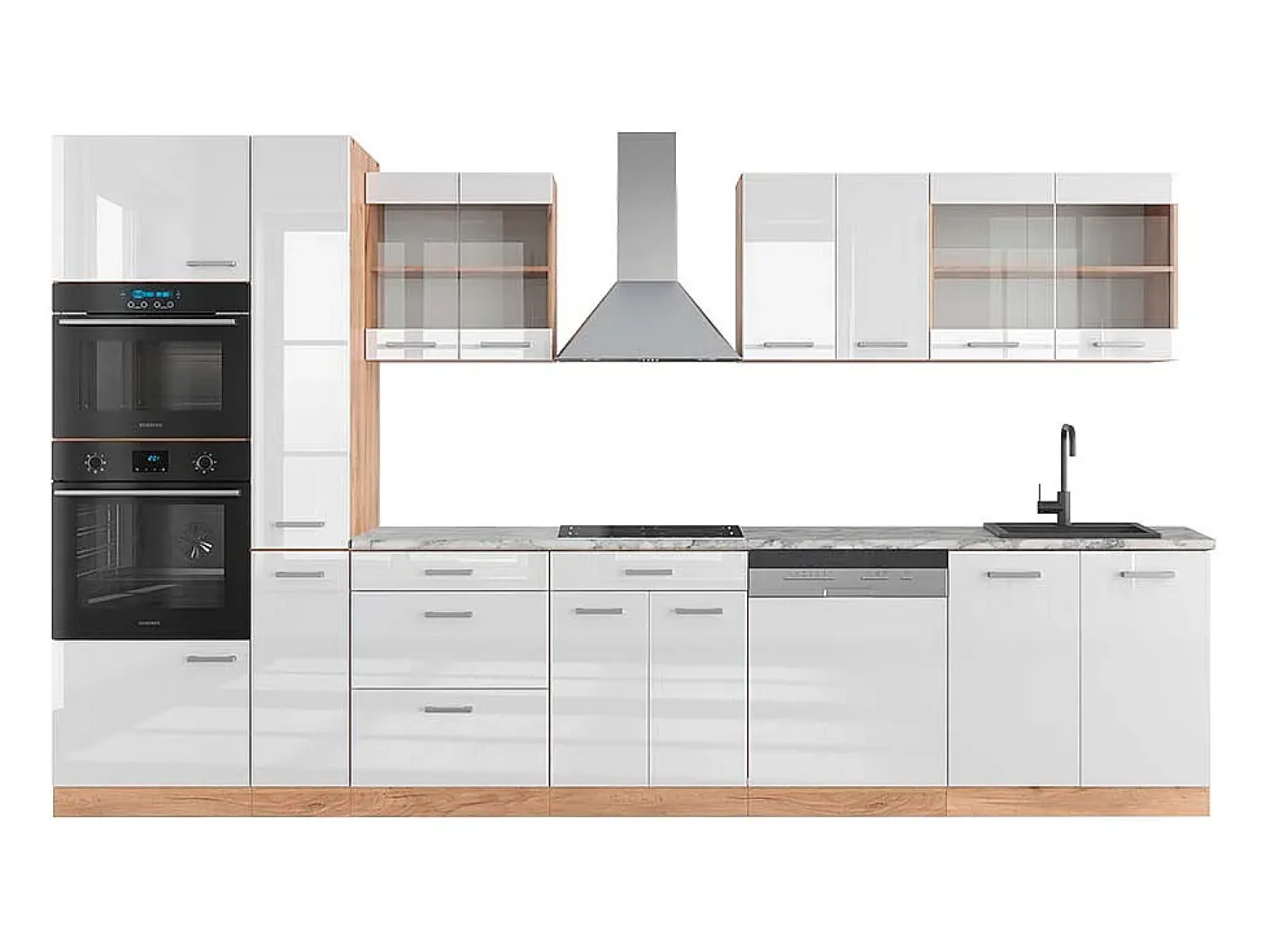 Mueble de cocina blanco brillo intenso/roble dorado 350x60x81.6 r-line