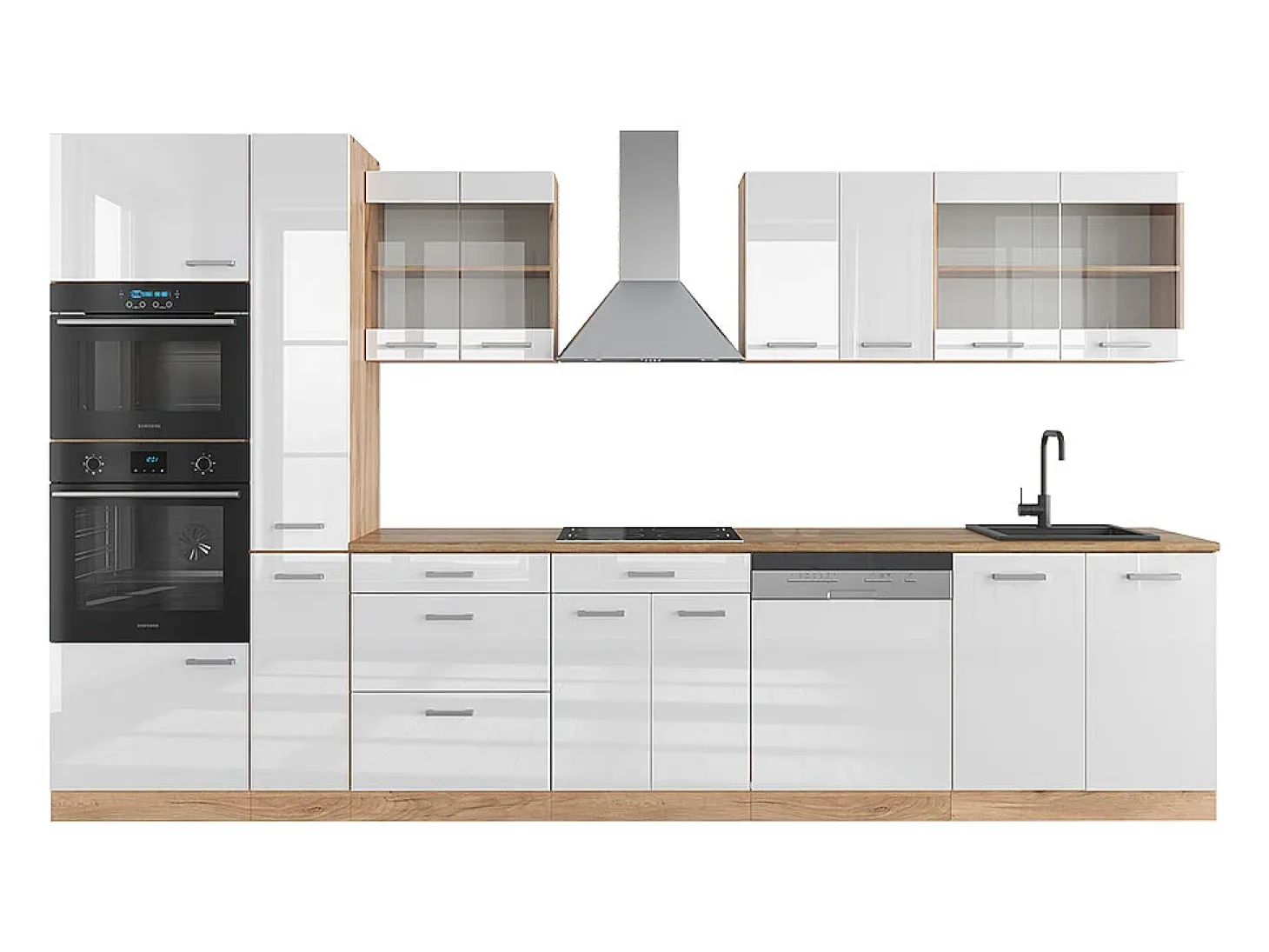 Mueble de cocina blanco brillo intenso/roble dorado 350x46x81.6 r-line