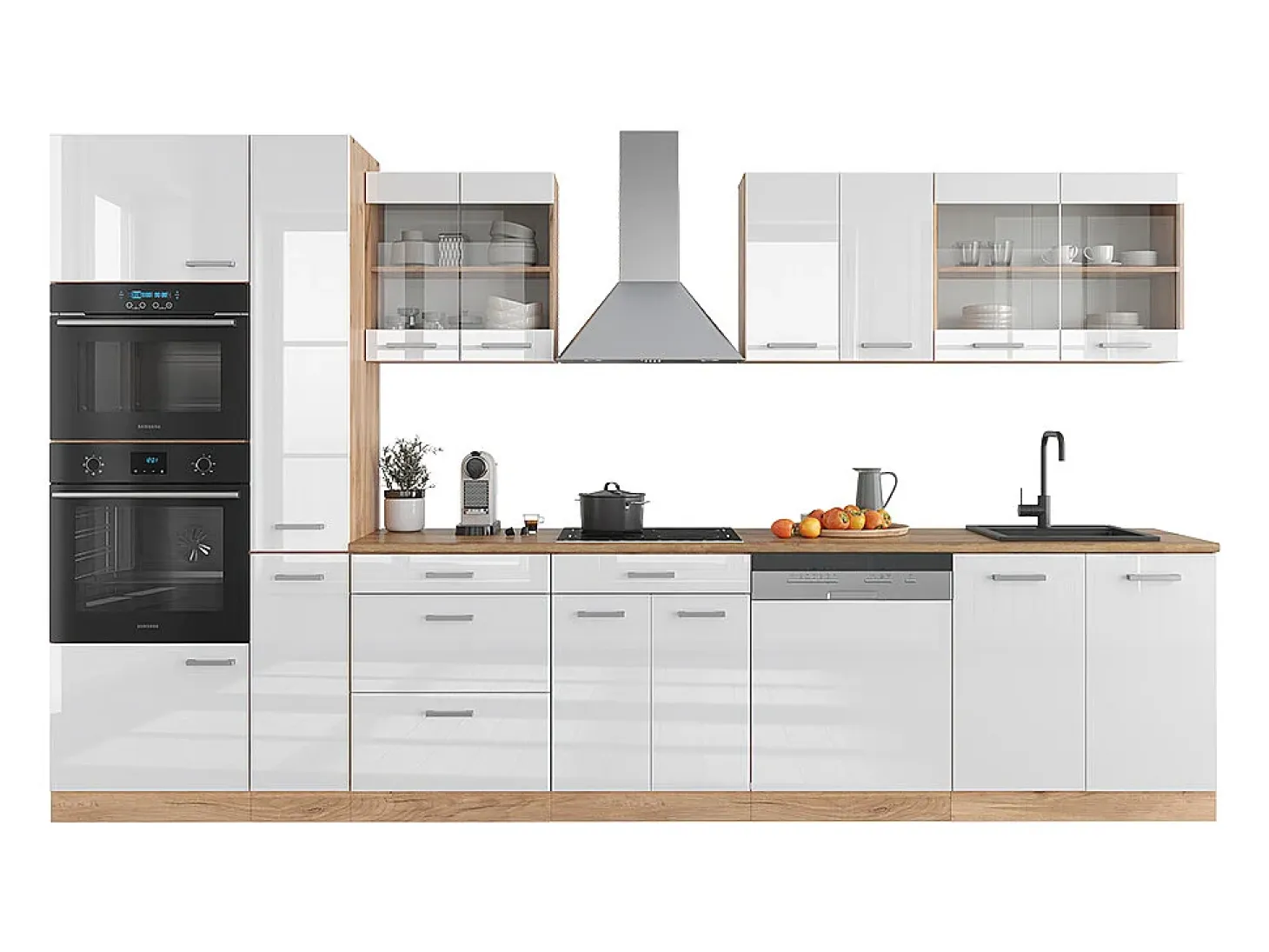 Mueble de cocina blanco brillo intenso/roble dorado 350x46x81.6 r-line