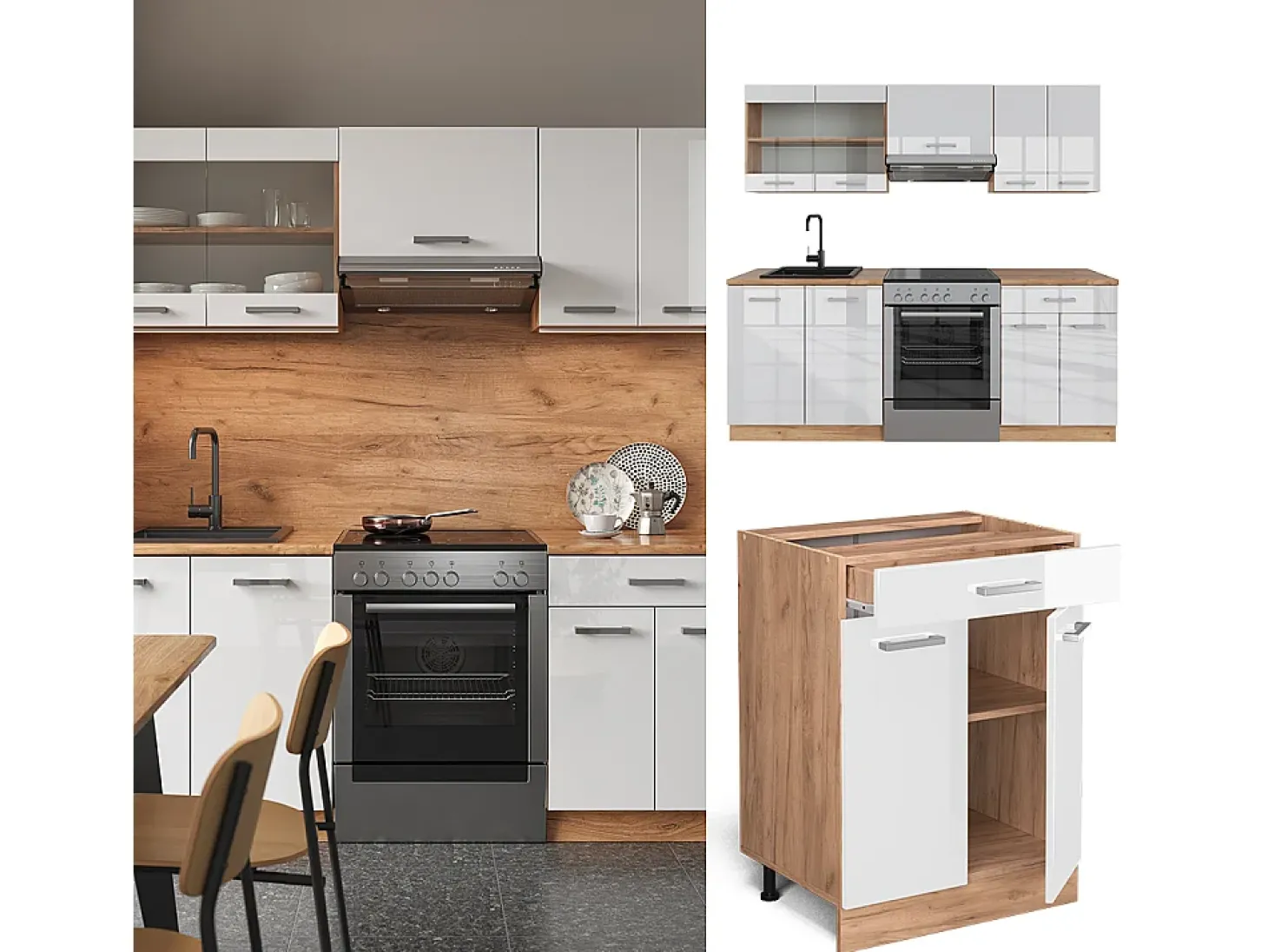 Mueble de cocina blanco brillo intenso/roble dorado 200x60x81.6 r-line