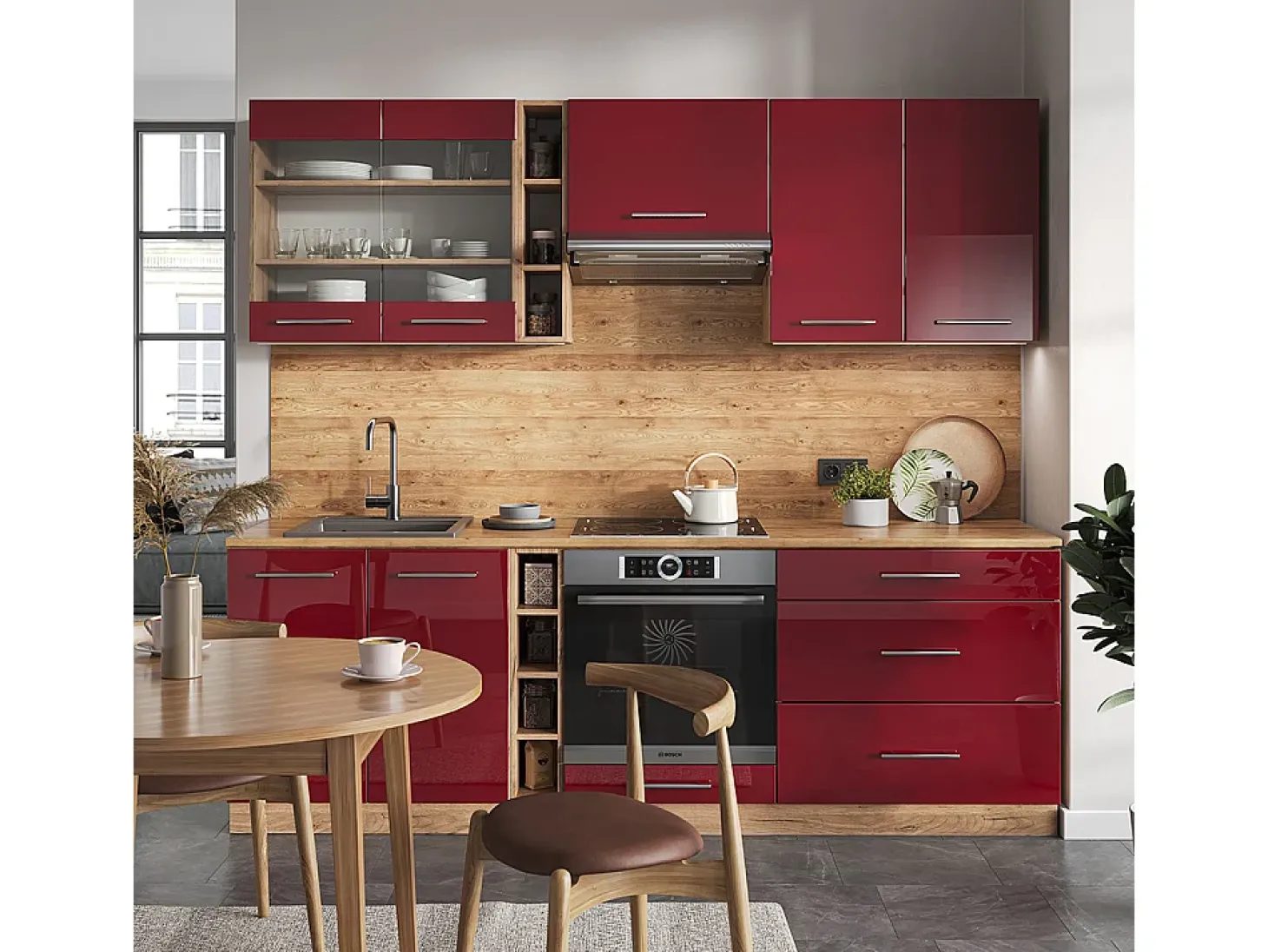 Mueble de cocina burdeos brillo intenso/roble dorado 235x60x81.6 fame-line