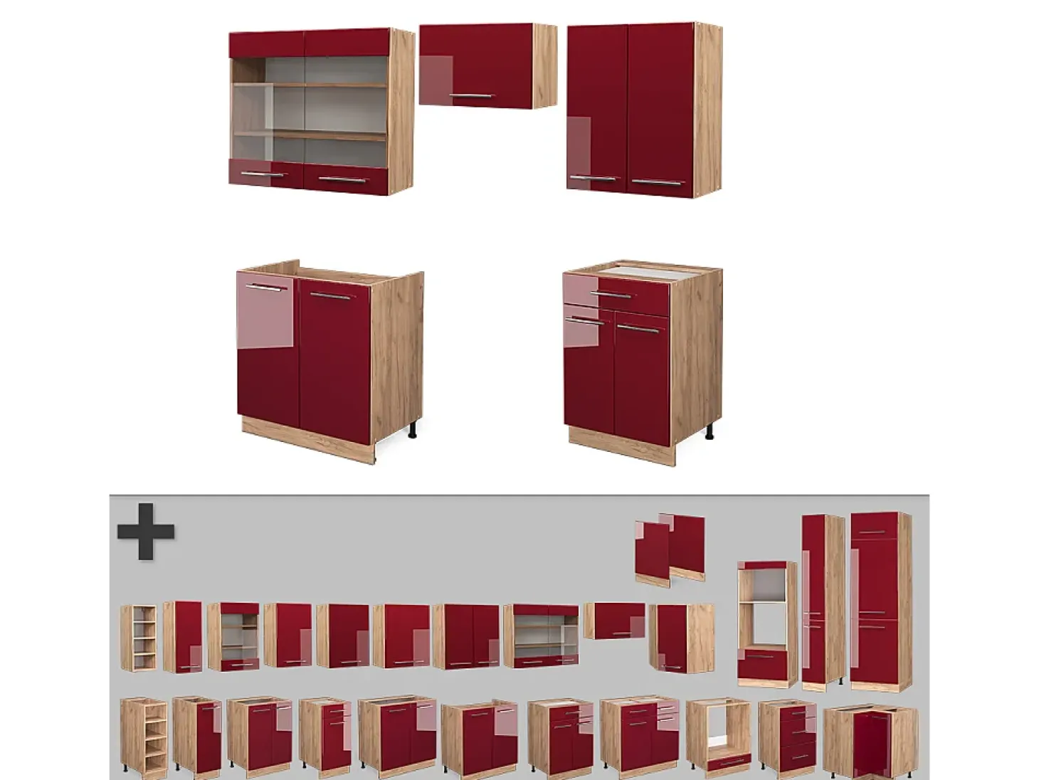Mueble de cocina burdeos brillo intenso/roble dorado 200x46x81.6 fame-line