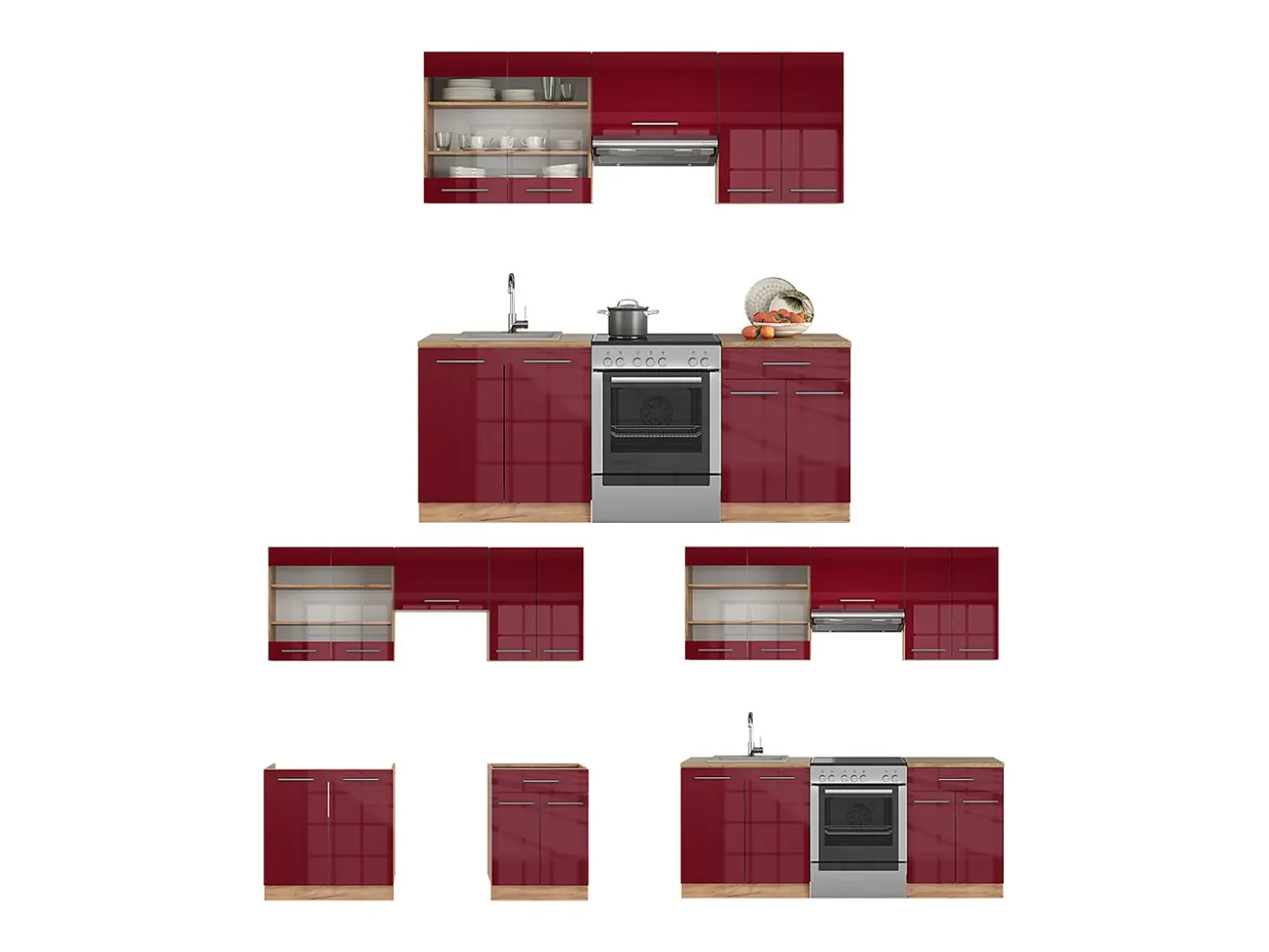 Mueble de cocina burdeos brillo intenso/roble dorado 200x46x81.6 fame-line