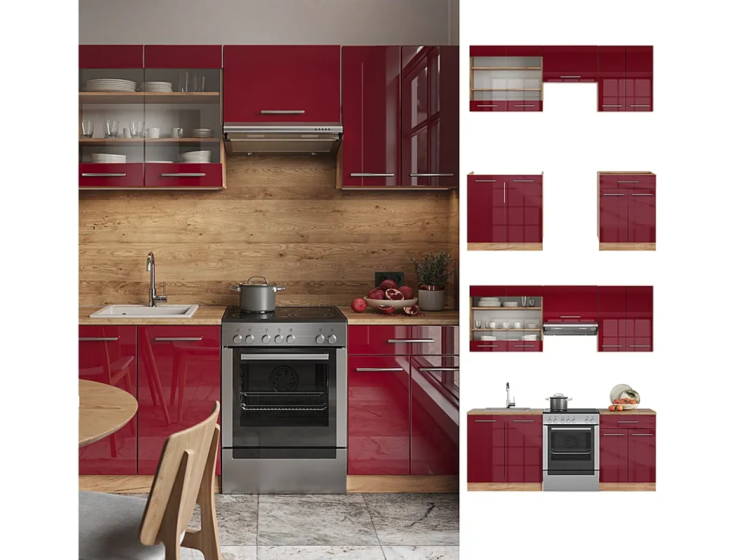 Mueble de cocina burdeos brillo intenso/roble dorado 200x46x81.6 fame-line