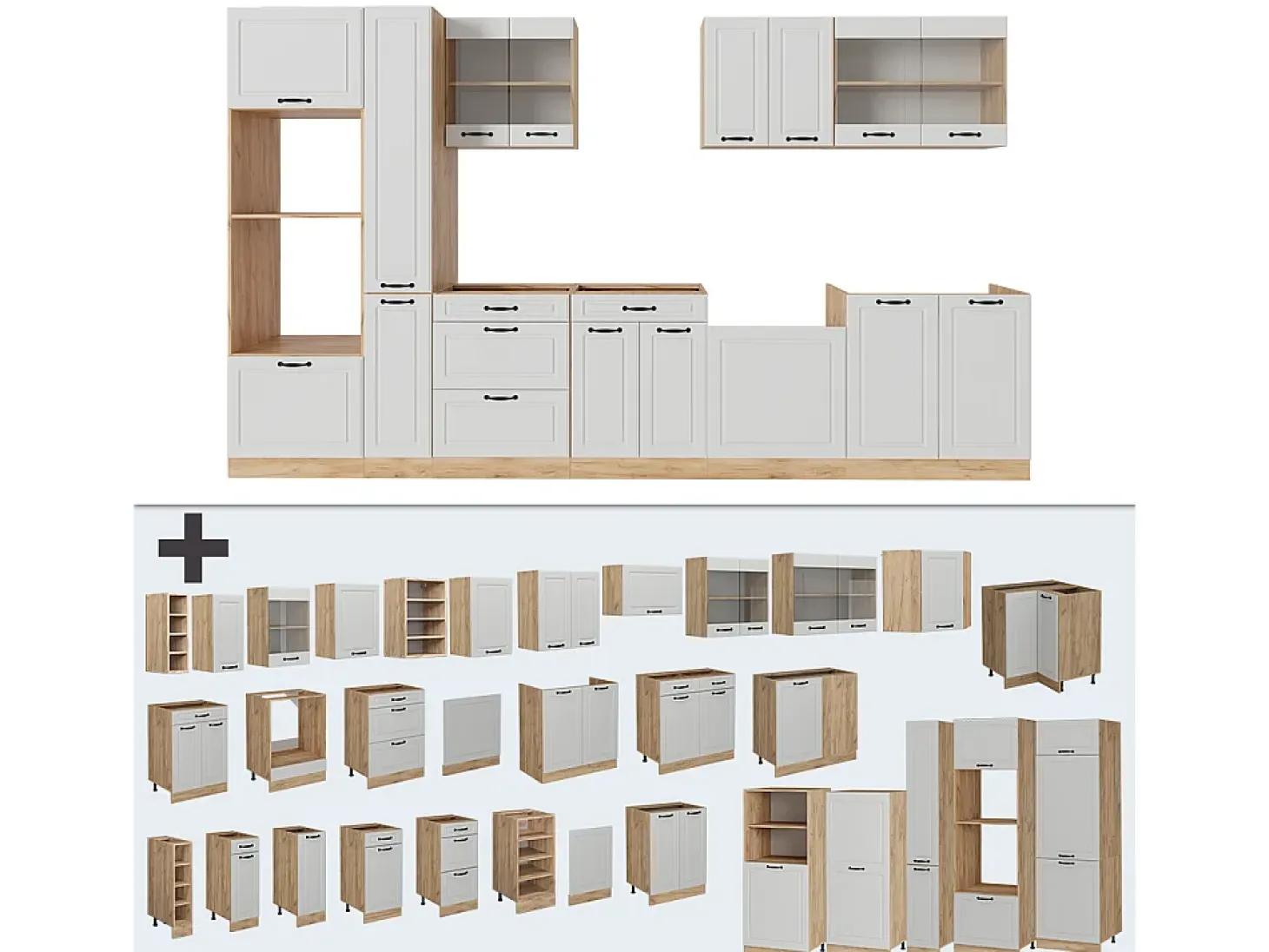 Mueble de cocina casa de campo blanca/roble dorado 350x46x81.6 r-line