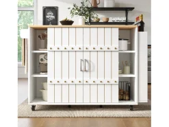 Mueble de cocina con ruedas, encimera, estantes y cajones, blanco, puertas correderas, toallero (110x42x90 cm)