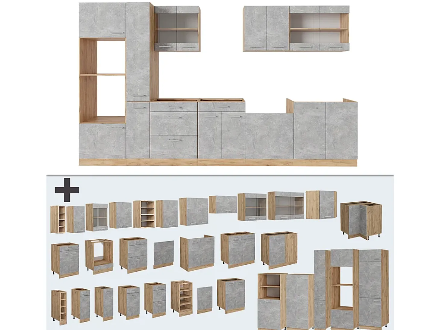 Mueble de cocina hormigón/roble dorado 350x46x81.6 r-line