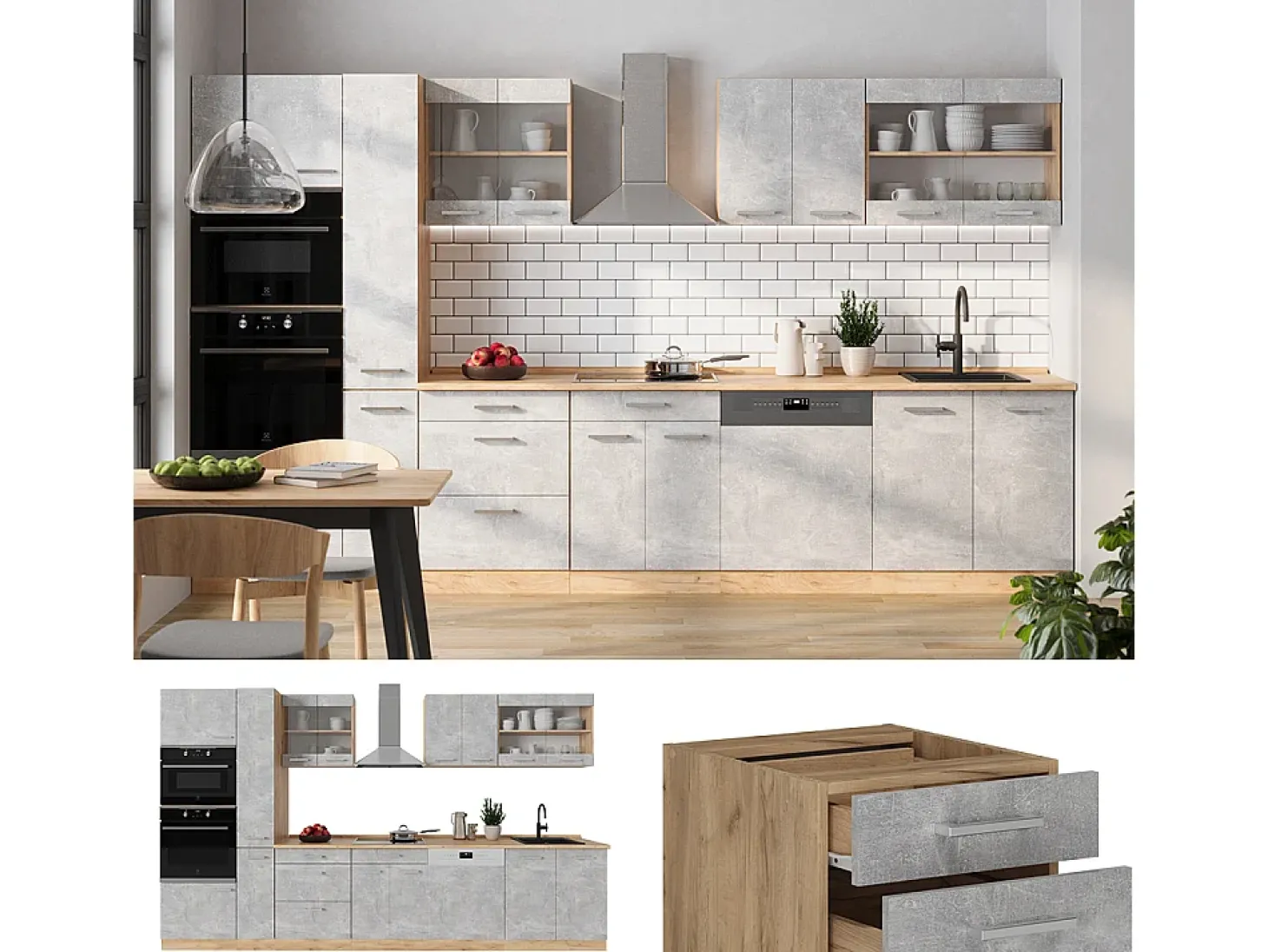 Mueble de cocina hormigón/roble dorado 350x46x81.6 r-line