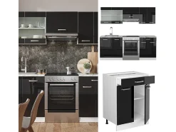Mueble de cocina negro brillo/blanco 200x46x81.6 r-line