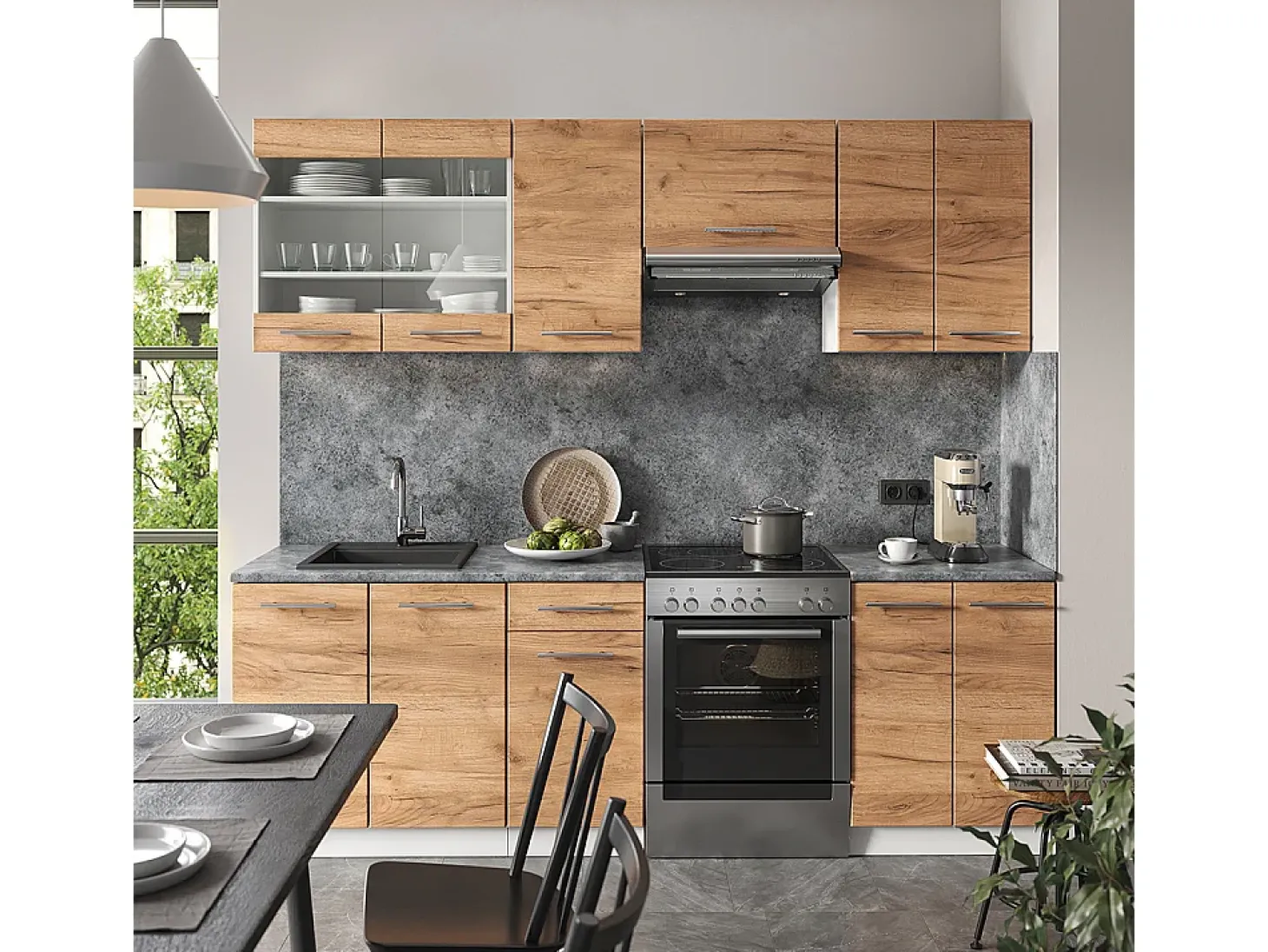 Mueble de cocina oro potencia roble/blanco 240x46x81.6 fame-line