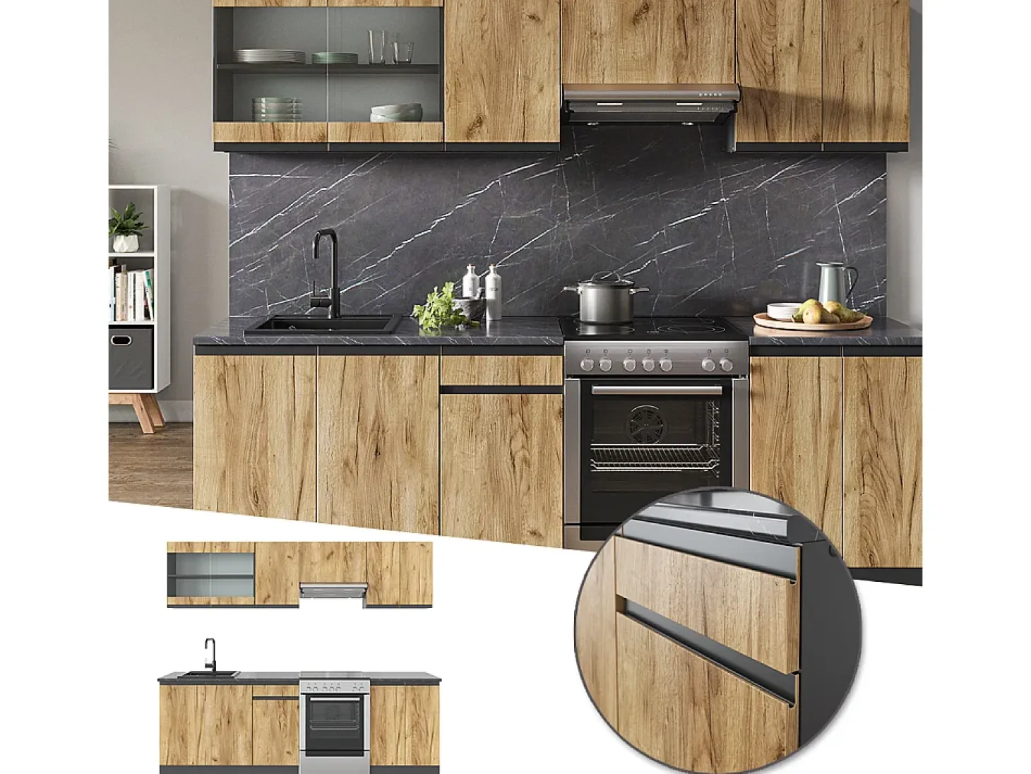 Mueble de cocina oro power roble/antracita 240x46x81.6 raul
