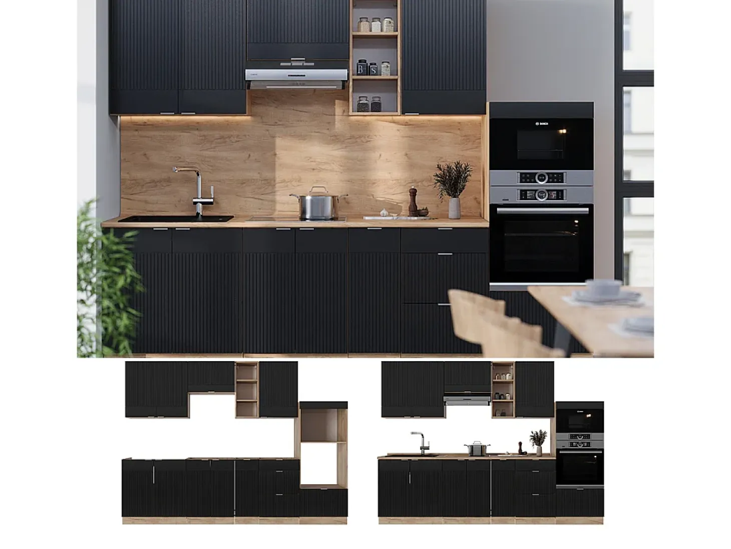 Mueble de cocina rayas negras/roble dorado 280x60x81.6 fame-line