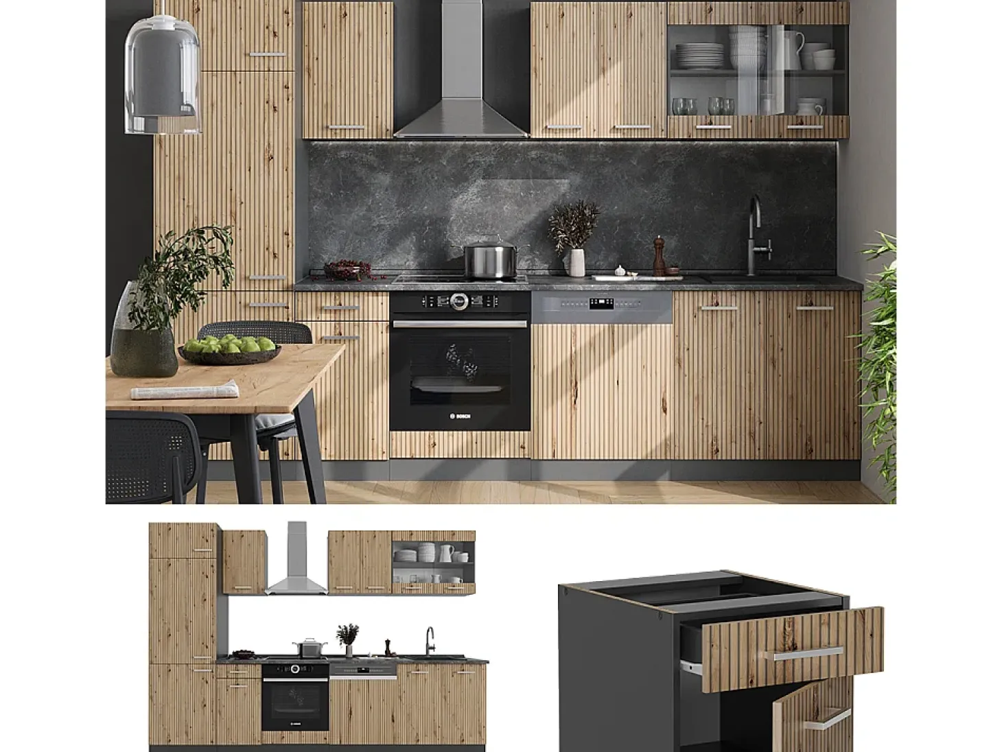 Mueble de cocina roble artesanal/antracita 300x60x81.6 r-line