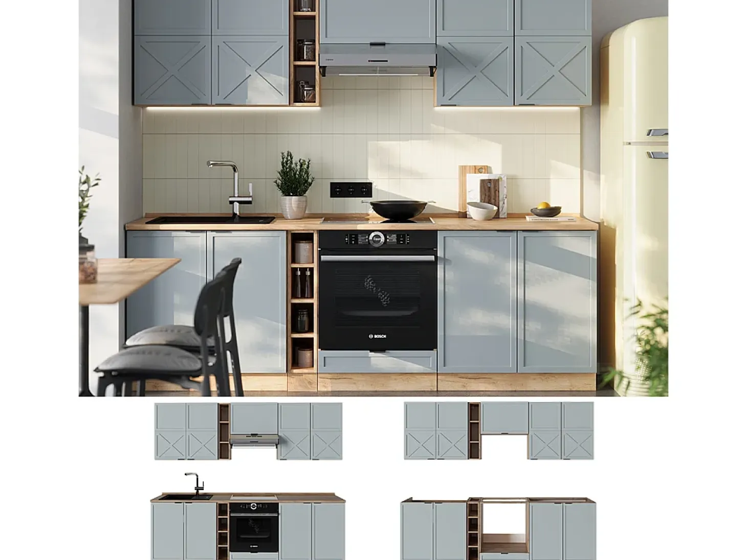 Mueble de cocina roble azul claro/gris dorado 235x46x81.6 fame-line
