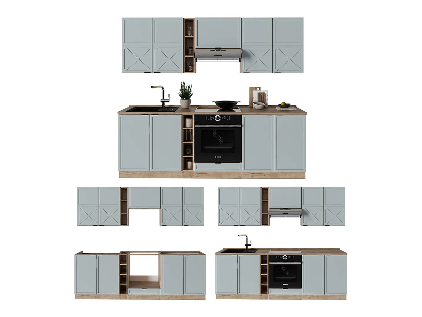 Mueble de cocina roble azul claro/gris dorado 235x46x81.6 fame-line
