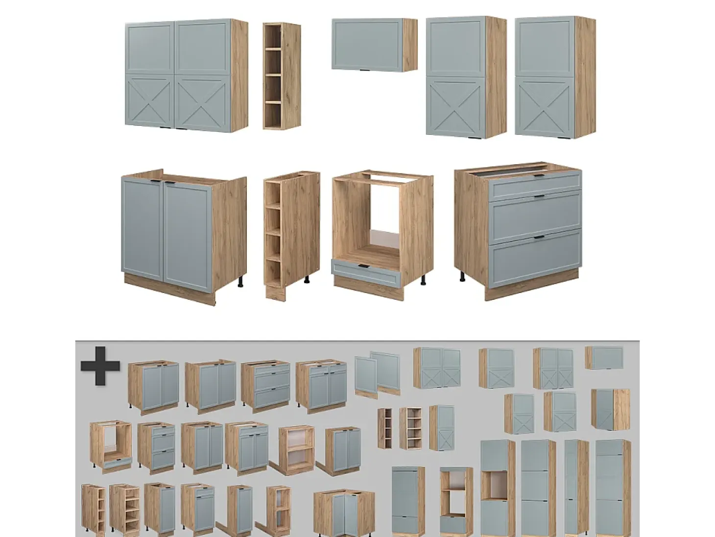 Mueble de cocina roble azul claro/gris dorado 235x46x81.6 fame-line