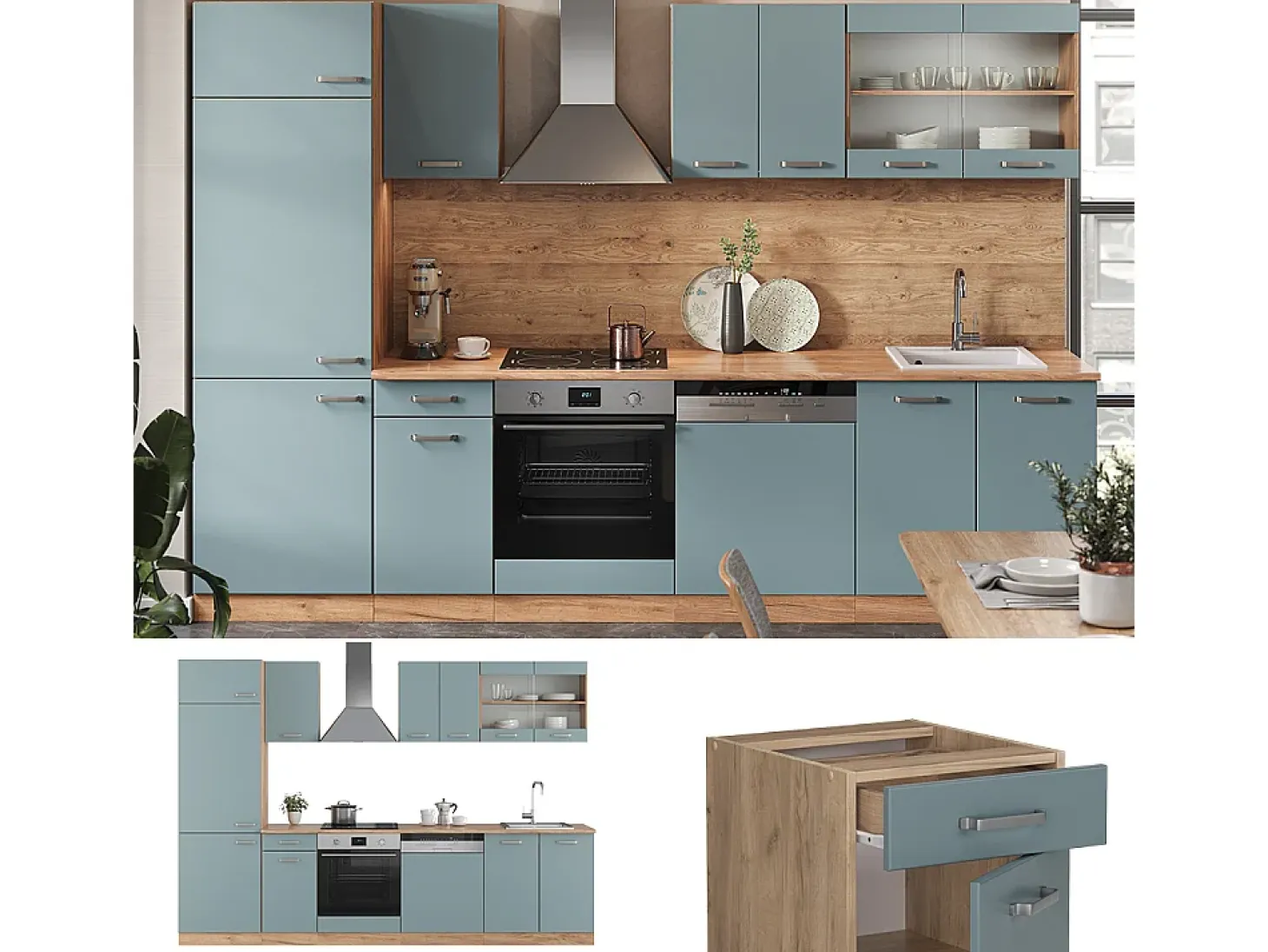 Mueble de cocina roble azul-gris-dorado 300x60x81.6 r-line