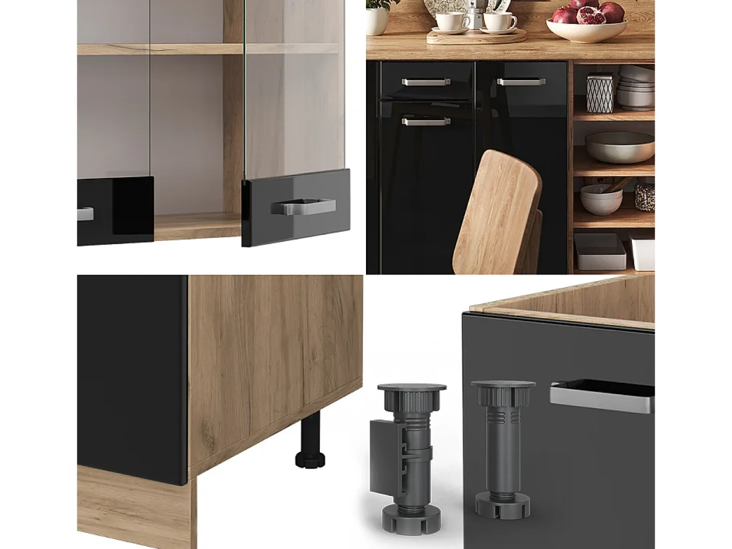 Mueble de cocina roble negro/dorado de alto brillo 240x60x81.6 r-line