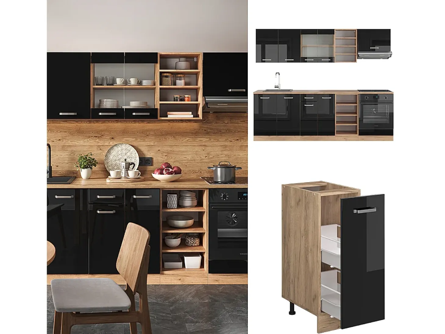 Mueble de cocina roble negro/dorado de alto brillo 240x60x81.6 r-line